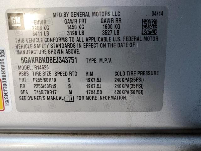 5GAKRBKD8EJ343751 - 2014 BUICK ENCLAVE SILVER photo 10