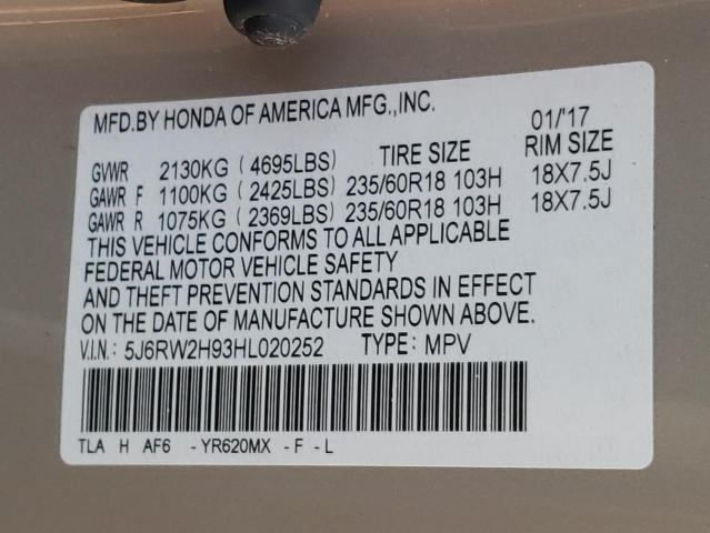 5J6RW2H93HL020252 - 2017 HONDA CR-V TOURI CREAM photo 10