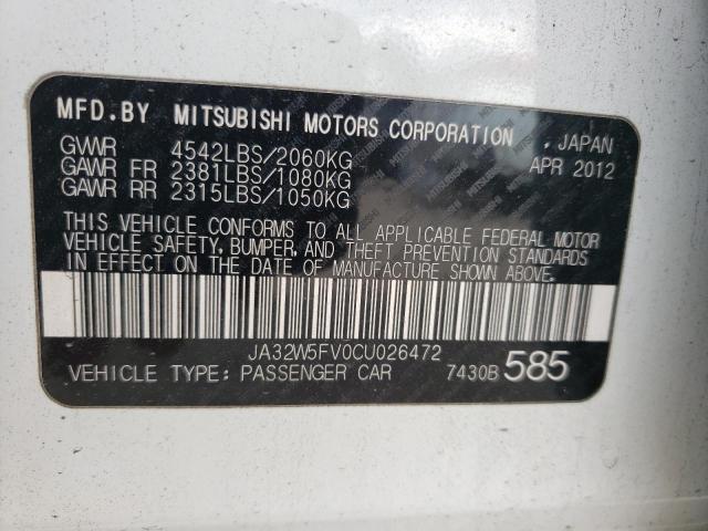 JA32W5FV0CU026472 - 2012 MITSUBISHI LANCER EVO WHITE photo 10