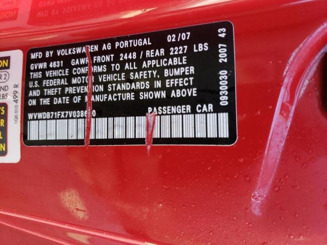WVWDB71FX7V038680 - 2007 VOLKSWAGEN EOS 3.2L S RED photo 10
