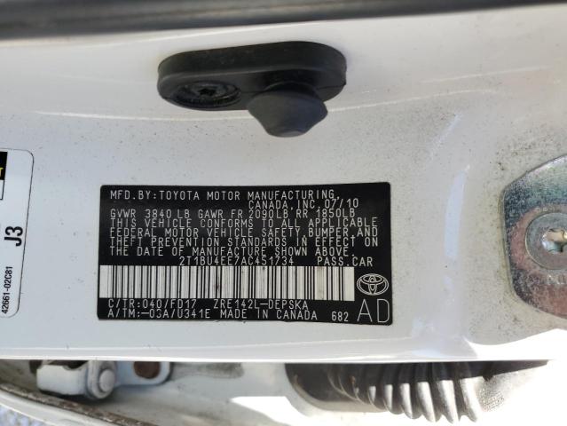 2T1BU4EE7AC451734 - 2010 TOYOTA COROLLA BASE  photo 10