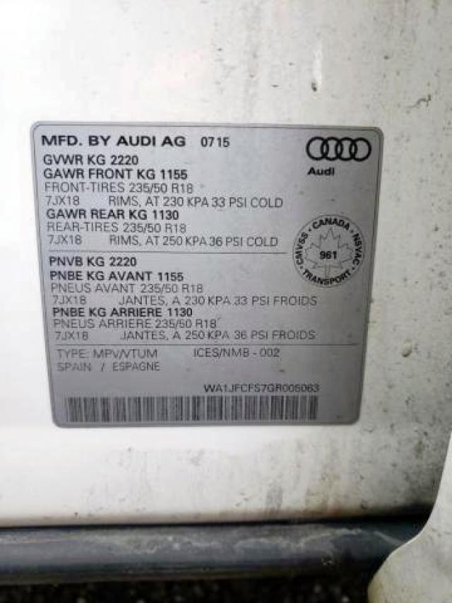 WA1JFCFS7GR005063 - 2016 AUDI Q3 PROGRES თეთრი ფოტო 9