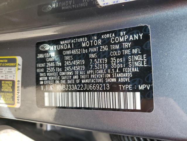 KM8J33A22JU669213 - 2018 HYUNDAI TUCSON VAL GRAY photo 10