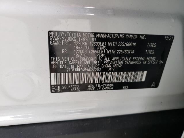 2T3E6RFV8MW027203 - 2021 TOYOTA RAV4 XSE WHITE photo 10