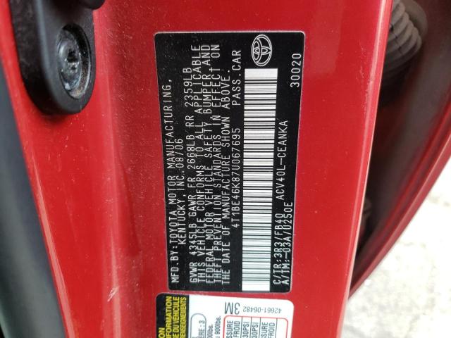 4T1BE46K87U067695 - 2007 TOYOTA CAMRY LE A წითელი ფოტო 10