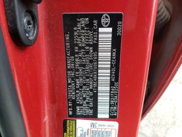 4T1BE46K87U067695 - 2007 TOYOTA CAMRY LE A RED photo 10