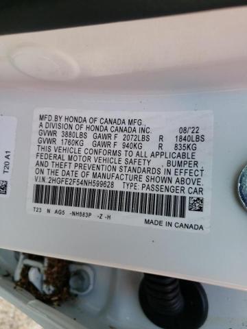 2HGFE2F54NH599628 - 2022 HONDA CIVIC SPOR 白色 照片 10