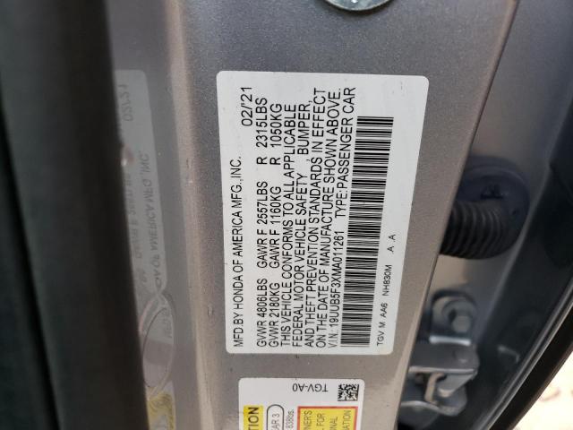 19UUB5F3XMA011261 - 2021 ACURA TLX Srebrny zdjęcie 10