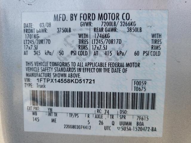 1FTPX14558KD51721 - 2008 FORD F150 SILVER photo 10