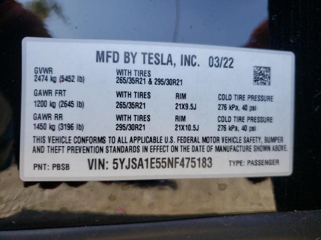 5YJSA1E55NF475183 - 2022 TESLA MODEL S Qara foto 10