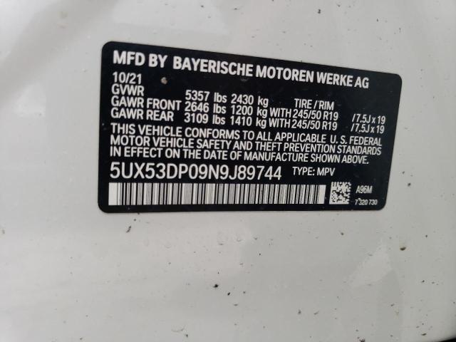 5UX53DP09N9J89744 - 2022 BMW X3 XDRIVE3 WHITE photo 10