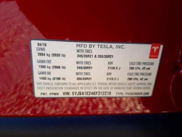 5YJSA1E24KF312218 - 2019 TESLA MODEL S Բորդո լուսանկար 10