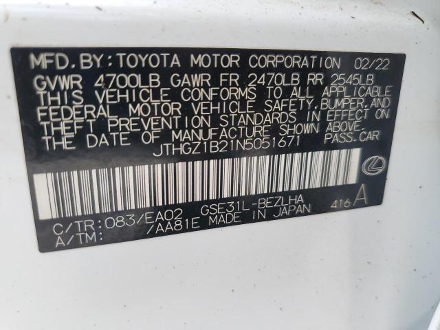 JTHGZ1B21N5051671 - 2022 LEXUS IS 350 F-S WHITE photo 10