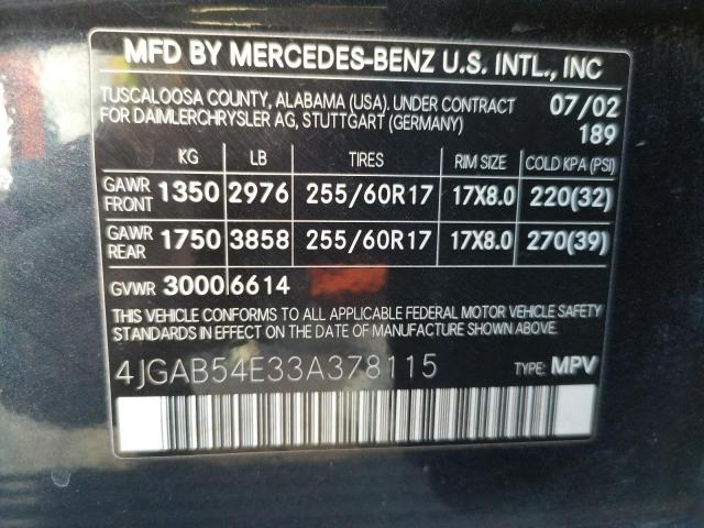 4JGAB54E33A378115 - 2003 MERCEDES-BENZ ML 320 BLUE photo 10