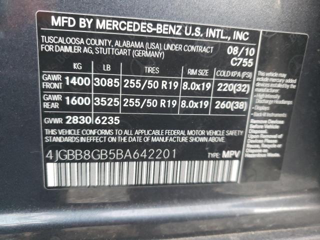 4JGBB8GB5BA642201 - 2011 MERCEDES-BENZ ML 350 4MA CHARCOAL photo 10