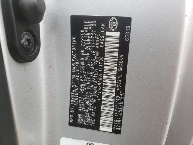 4T1FA38P88U144700 - 2008 TOYOTA CAMRY SOLA SILVER photo 10