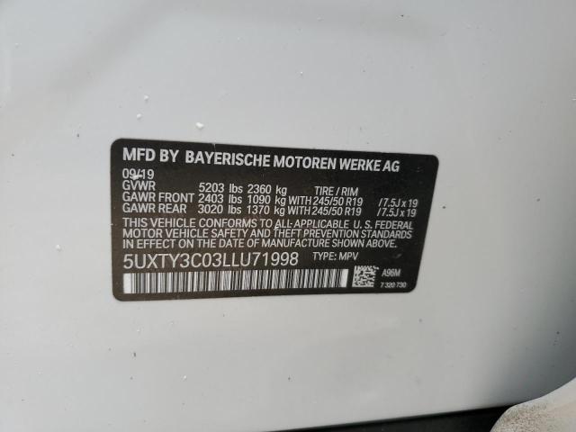 5UXTY3C03LLU71998 - 2020 BMW X3 SDRIVE3 WHITE photo 10