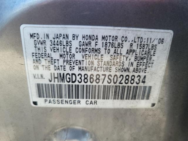 JHMGD38687S028834 - 2007 HONDA FIT S SILVER photo 10