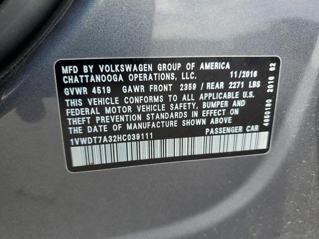 1VWDT7A32HC039111 - 2017 VOLKSWAGEN PASSAT R-L GRAY photo 10