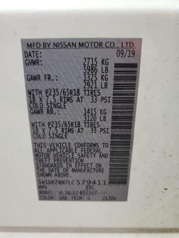 5N1DR2BM7LC579411 - 2020 NISSAN PATHFINDER WHITE photo 10