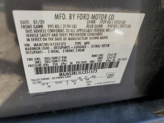 MAJ6S3KL5LC351573 - 2020 FORD ECOSPORT T GRAY photo 10