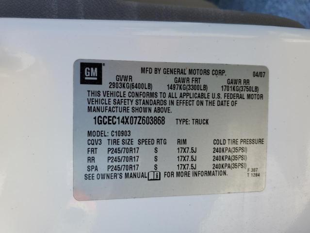 1GCEC14X07Z603868 - 2007 CHEVROLET SILVRDO LS WHITE photo 10