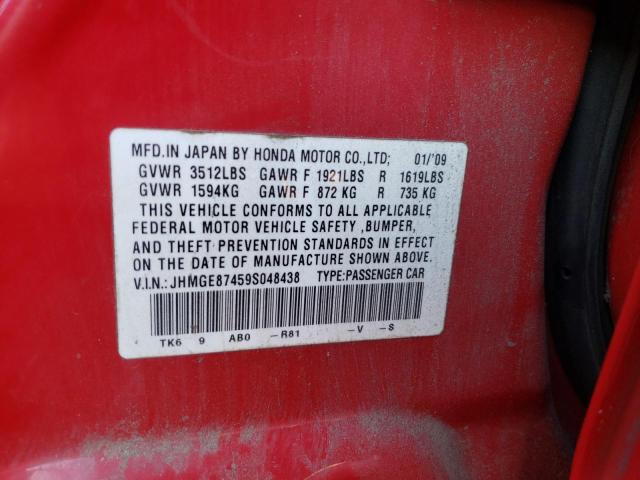 JHMGE87459S048438 - 2009 HONDA FIT RED photo 10