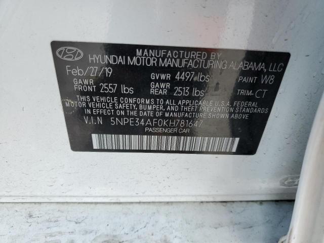 5NPE34AF0KH781647 - 2019 HYUNDAI SONATA LIM WHITE photo 10