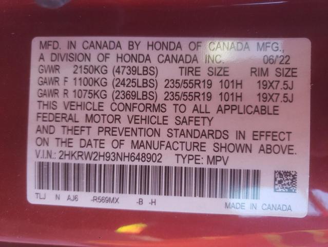 2HKRW2H93NH648902 - 2022 HONDA CR-V TOURI RED photo 10