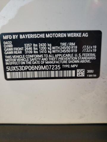 5UX53DP06N9M07235 - 2022 BMW X3 XDRIVE3 WHITE photo 10