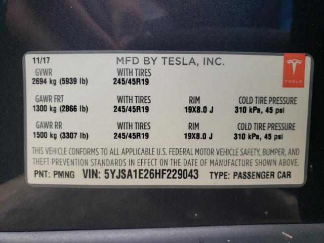 5YJSA1E26HF229043 - 2017 TESLA MODEL S Boz foto 10
