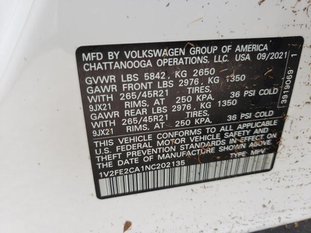 1V2FE2CA1NC202135 - 2022 VOLKSWAGEN ATLAS CROS Белый фото 10