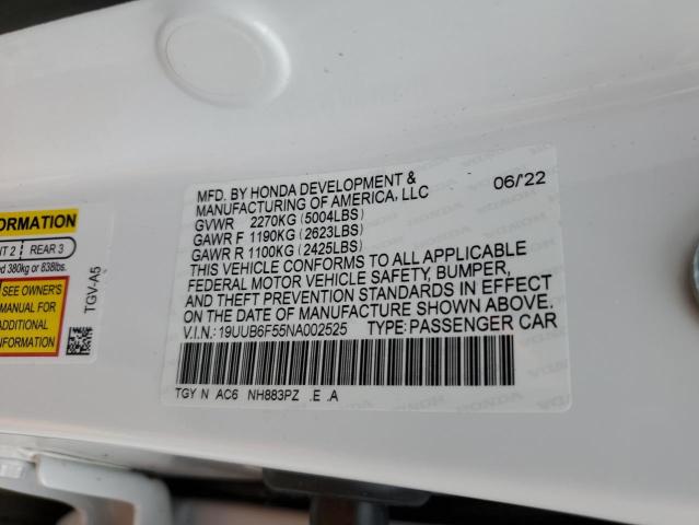 19UUB6F55NA002525 - 2022 ACURA TLX TECH A WHITE photo 10