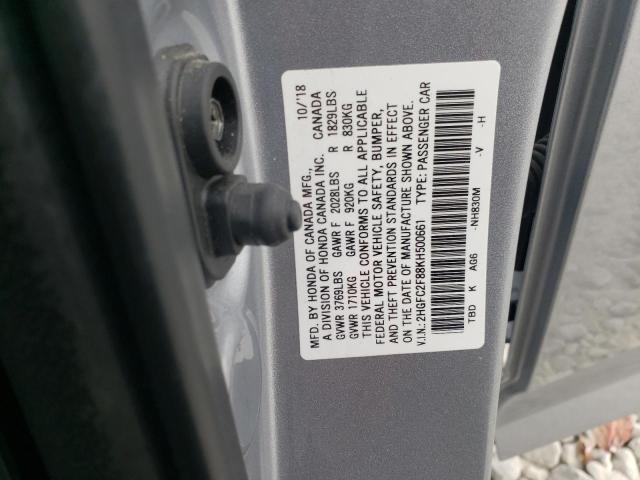 2HGFC2F88KH500661 - 2019 HONDA CIVIC SPOR 银色 照片 10