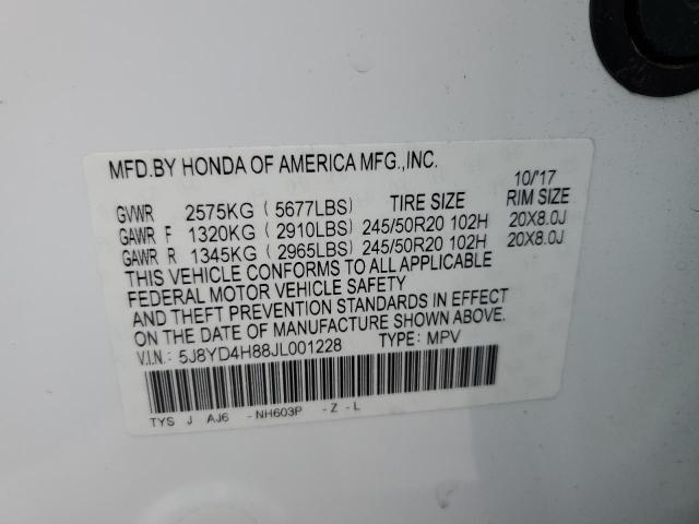 5J8YD4H88JL001228 - 2018 ACURA MDX ADVANC WHITE photo 10