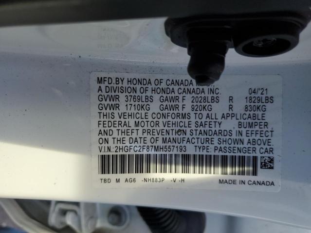2HGFC2F87MH557193 - 2021 HONDA CIVIC SPOR WHITE photo 10
