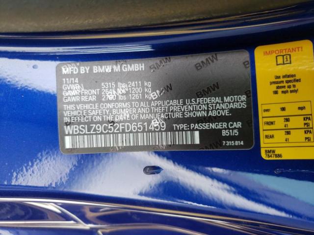 WBSLZ9C52FD651459 - 2015 BMW M6 BLUE photo 10