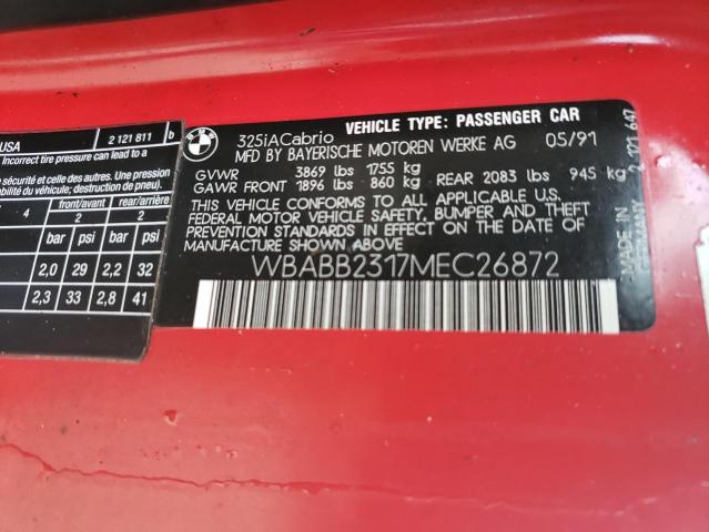 WBABB2317MEC26872 - 1991 BMW 325 IC AUT RED photo 10