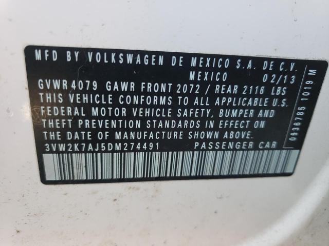 3VW2K7AJ5DM274491 - 2013 VOLKSWAGEN JETTA BASE WHITE photo 10