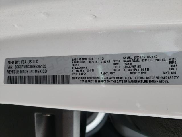 3C6LRVBG3ME526105 - 2021 RAM PROMASTER WHITE photo 10