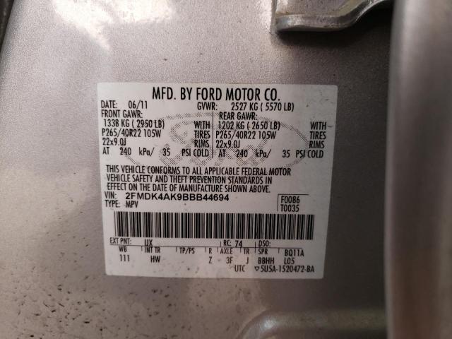 2FMDK4AK9BBB44694 - 2011 FORD EDGE SPORT SILVER photo 10