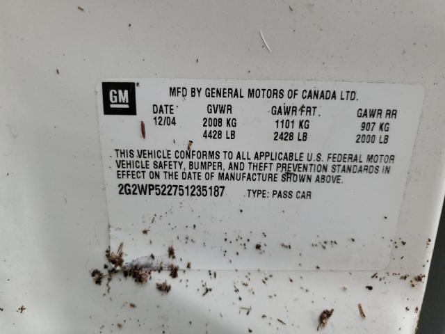 2G2WP522751235187 - 2005 PONTIAC GRAND PRIX თეთრი ფოტო 10