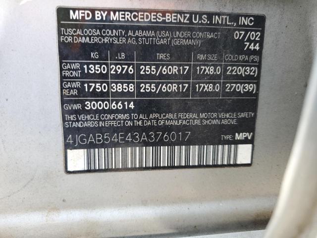 4JGAB54E43A376017 - 2003 MERCEDES-BENZ ML 320 SILVER photo 10