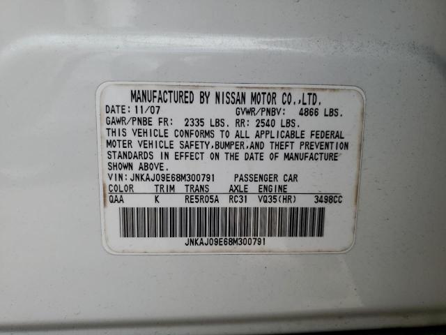 JNKAJ09E68M300791 - 2008 INFINITI EX35 BASE WHITE photo 10