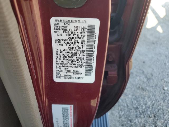 JN8DR09X04W807097 - 2004 NISSAN PATHFINDER BURGUNDY photo 10