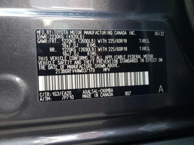 2T3B6RFV4NW037179 - 2022 TOYOTA RAV4 XLE P GRAY photo 10