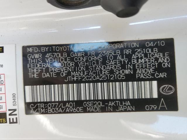 JTHFF2C20A2512105 - 2010 LEXUS IS 250 WHITE photo 10