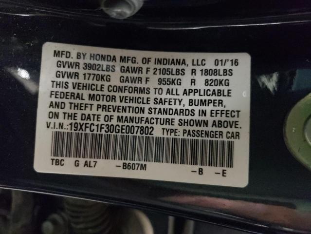 19XFC1F30GE007802 - 2016 HONDA CIVIC 4D BLUE photo 10