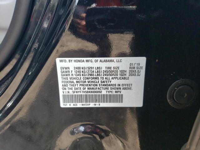 5FNYF7H58KB000892 - 2019 HONDA PASSPORT E 黑色 照片 10