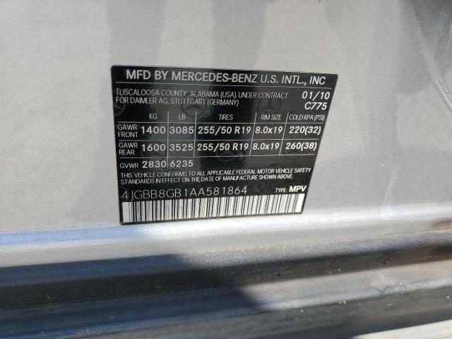 4JGBB8GB1AA581864 - 2010 MERCEDES-BENZ ML 350 4MA SILVER photo 10